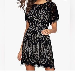 NWT MSLG Women's Elegant Round Neck V-Back Lace A Line Dress large (bin CC)